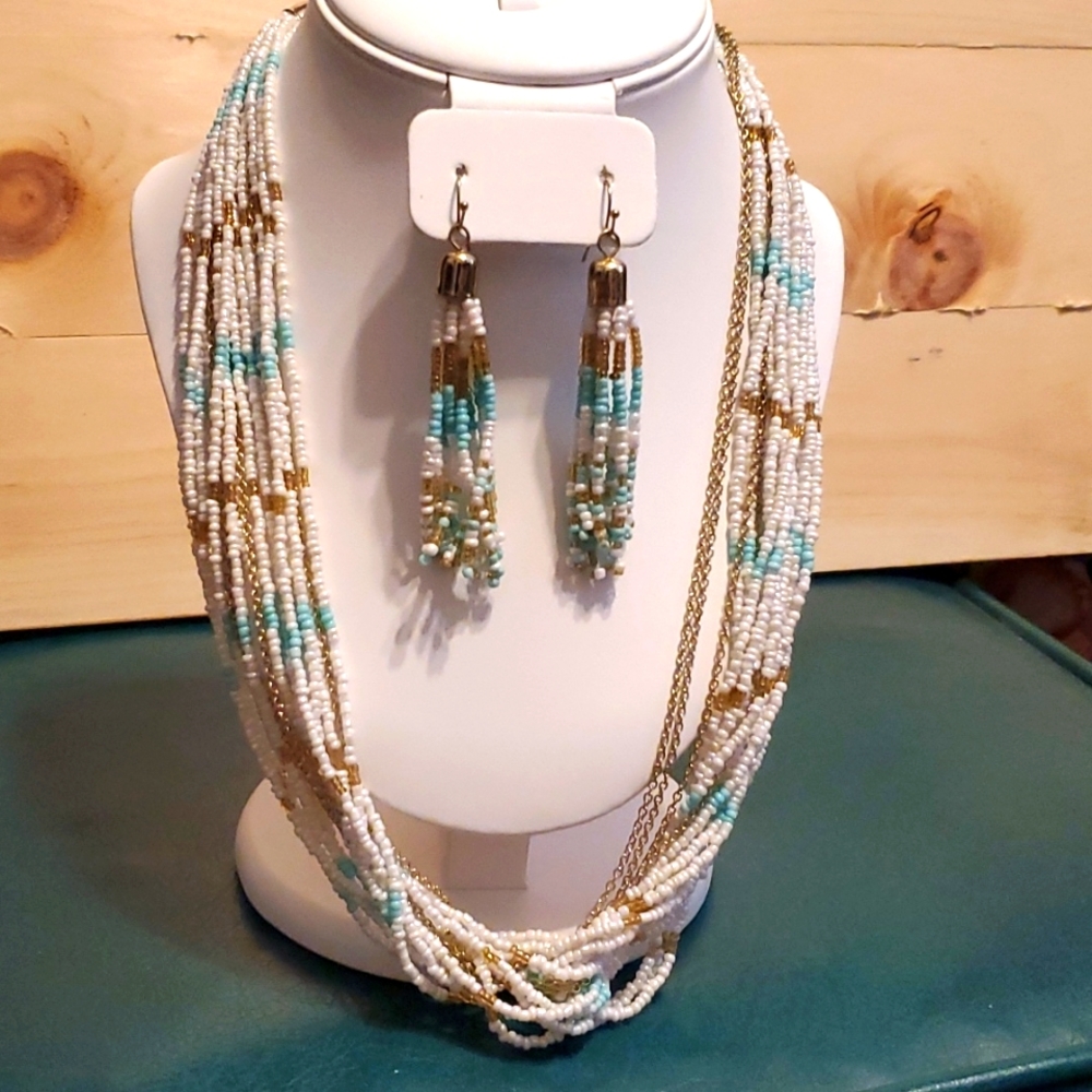 Beautiful beaded white and blue necklace and earring set